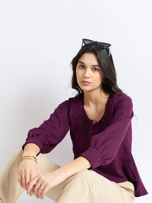 All Yours Dark Raspberry Floral Embroidered Blouse Zoom