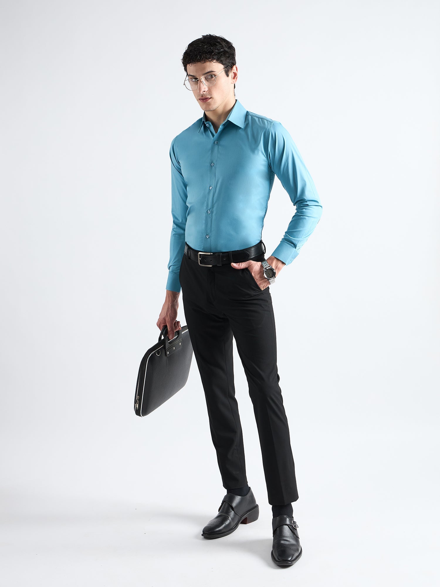 All Yours Fountain Blue Plain Stretch Cotton Shirt Front_2