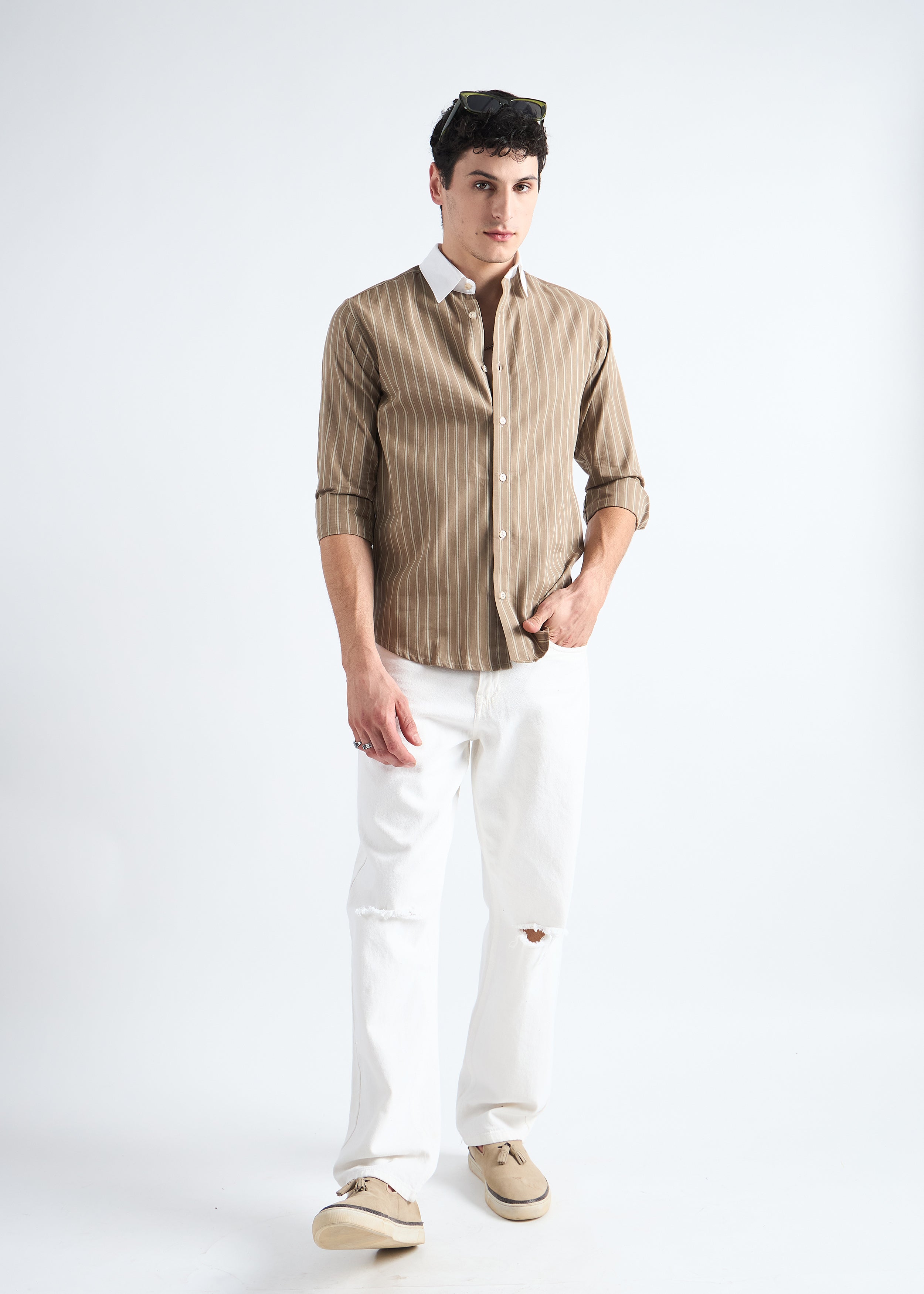 All Yours Grey Olive Classic Oxford Striped Shirt Front_2