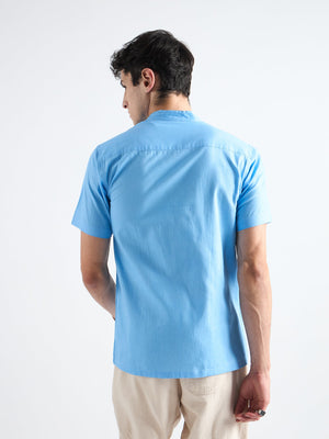 All Yours Heaven Blue Mandarin Collar Linen Shirt Back