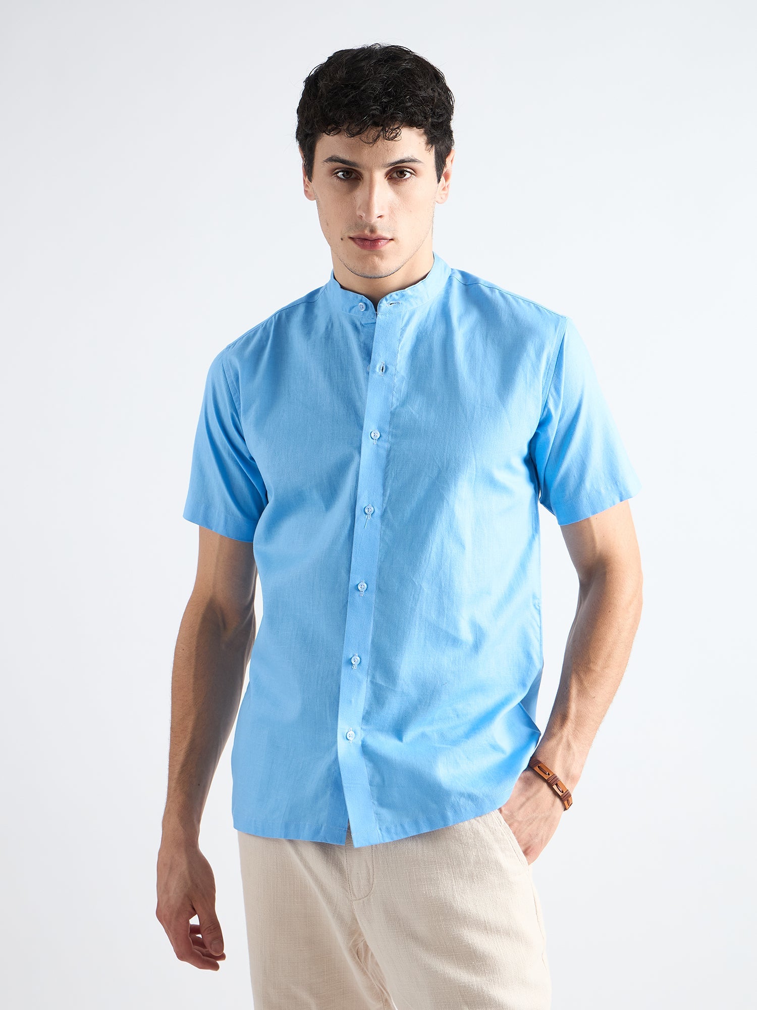 All Yours Heaven Blue Mandarin Collar Linen Shirt Front_1