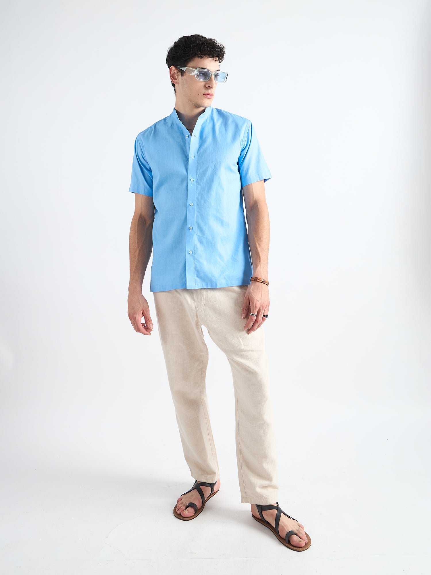 All Yours Heaven Blue Mandarin Collar Linen Shirt Front_2