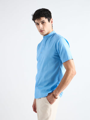 All Yours Heaven Blue Mandarin Collar Linen Shirt Side