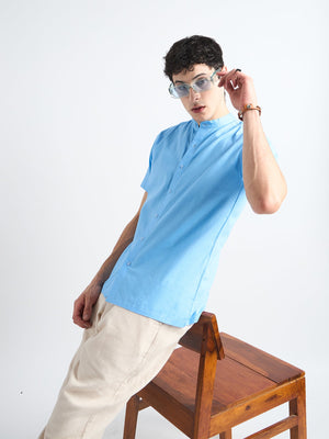 All Yours Heaven Blue Mandarin Collar Linen Shirt Sitting