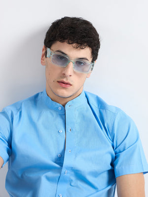 All Yours Heaven Blue Mandarin Collar Linen Shirt Zoom