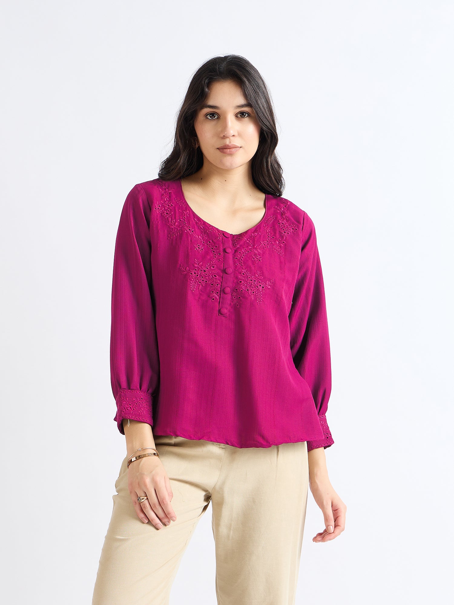 All Yours Hot Pink Floral Embroidered Blouse Front_1