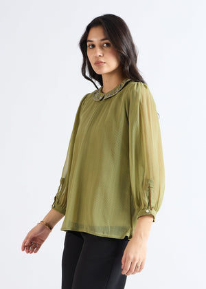 All Yours Iguana Green Embroidered Peter Pan Collar Blouse Side