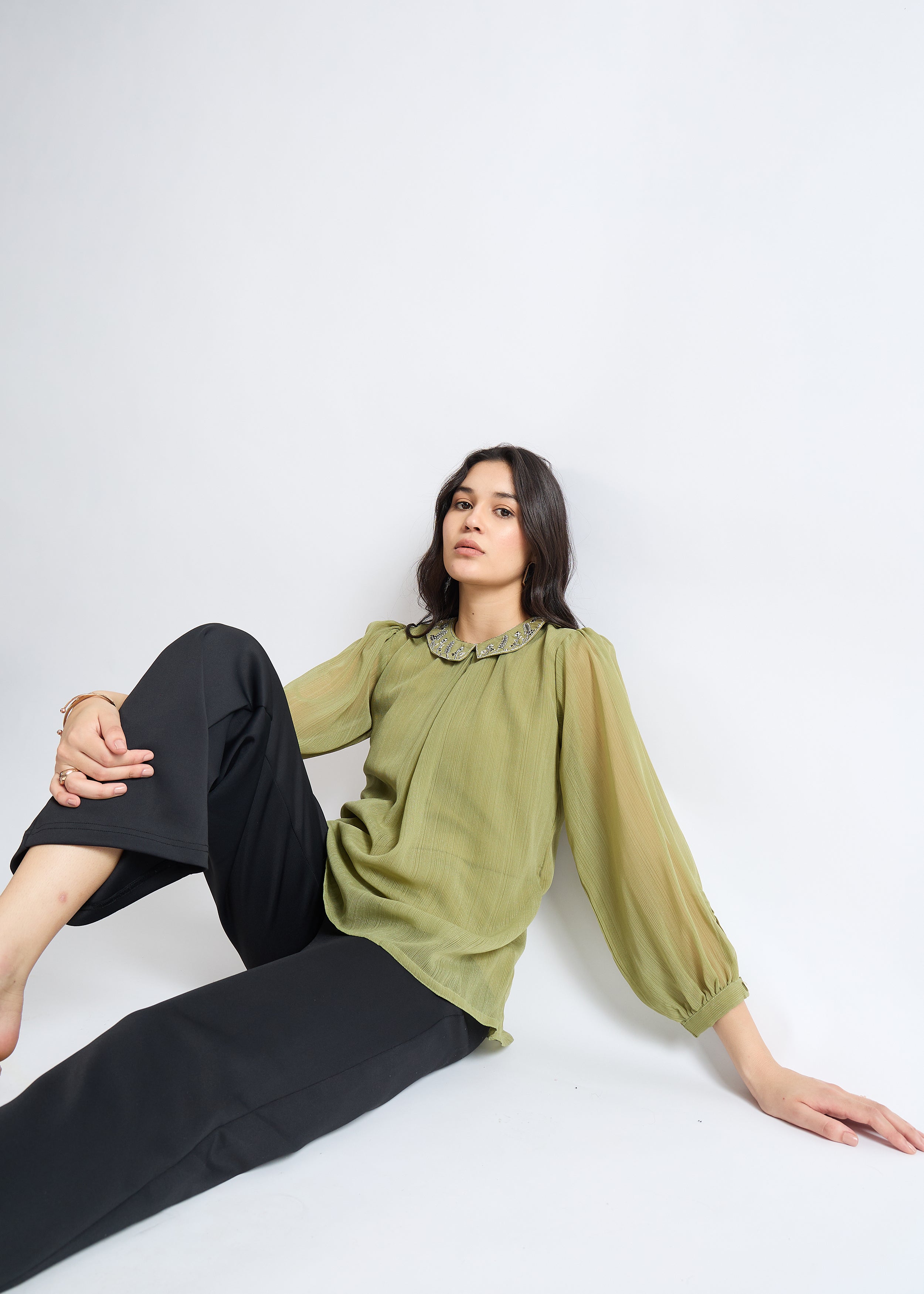 All Yours Iguana Green Embroidered Peter Pan Collar Blouse Sitting_1