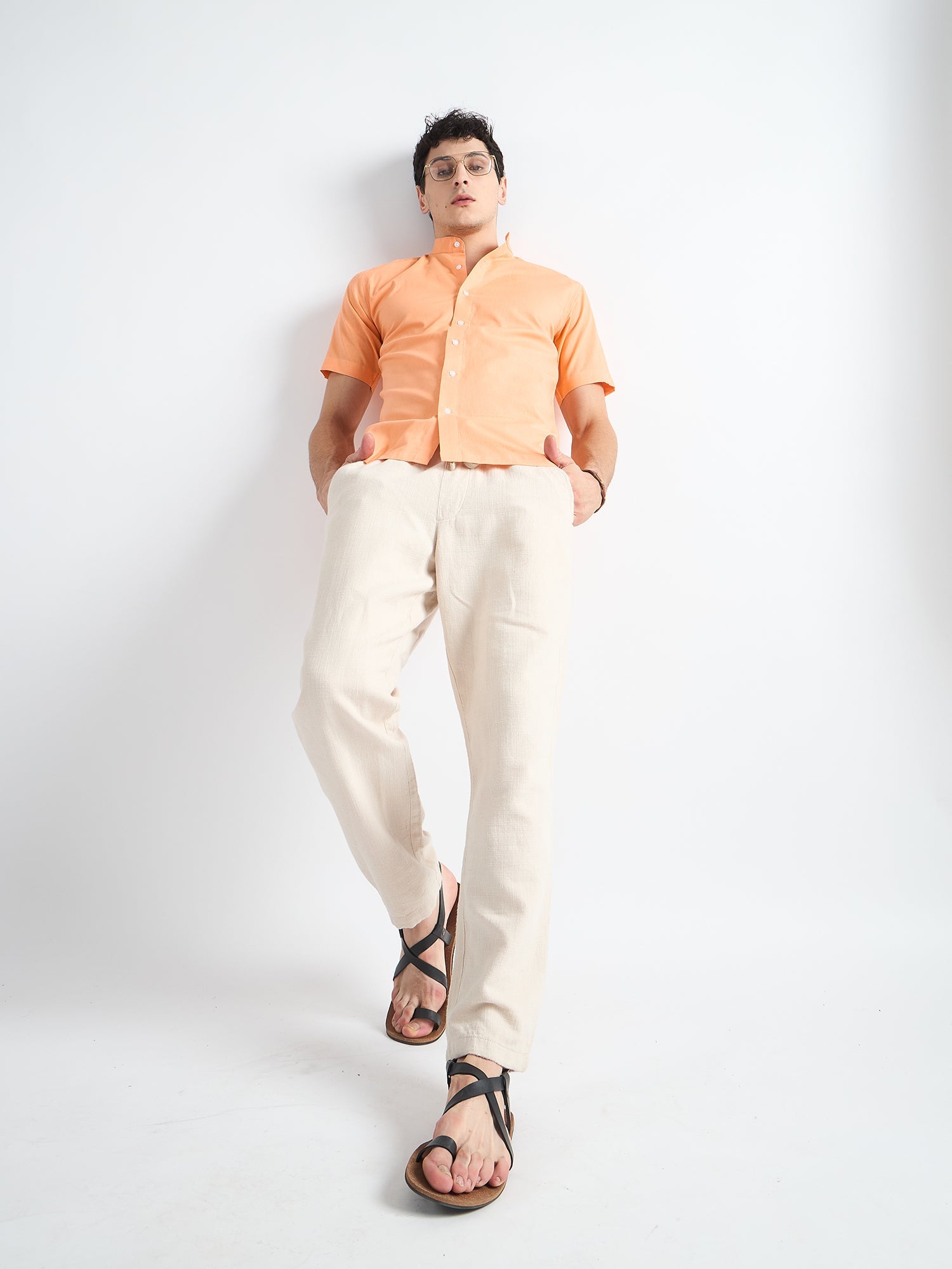 All Yours Indian Orange  Mandarin Collar Linen Shirt Front_2