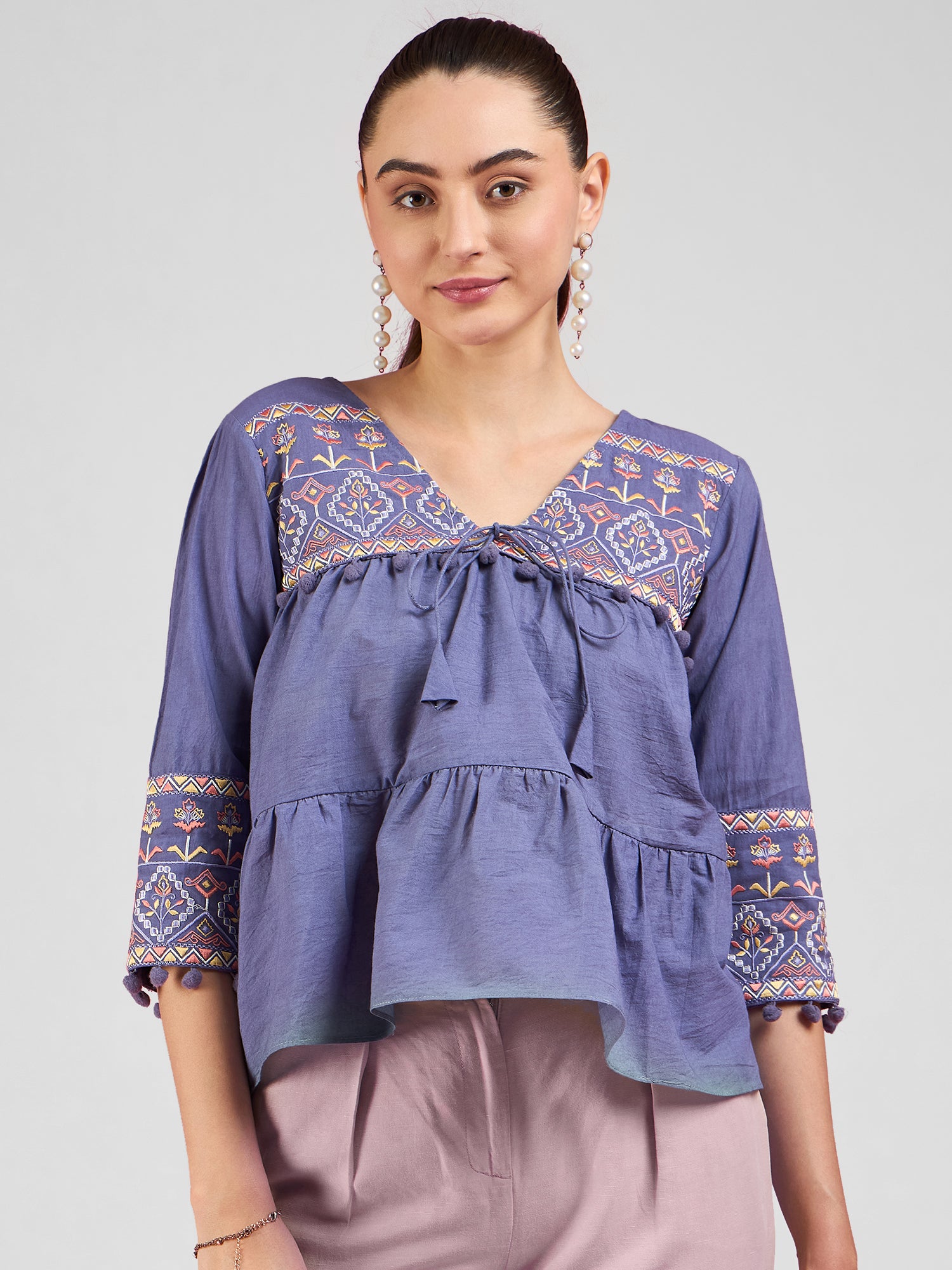 All Yours Lavender Embroidered Peplum Top Front_1