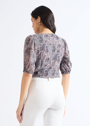 All Yours Lead Grey Ethnic Print Puff Sleeve Top Back
