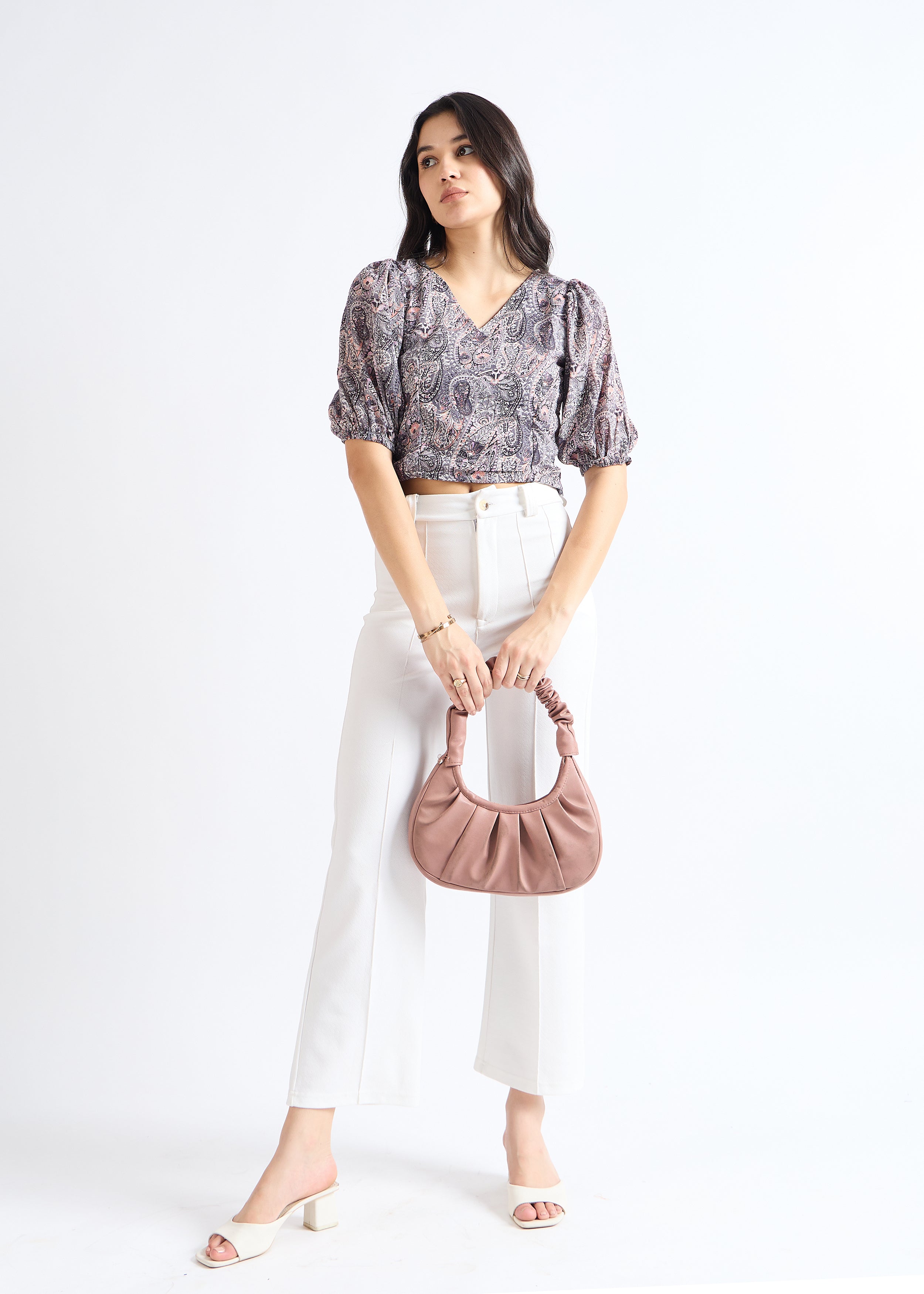 All Yours Lead Grey Ethnic Print Puff Sleeve Top Front_2