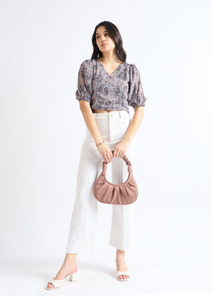 All Yours Lead Grey Ethnic Print Puff Sleeve Top Front_2