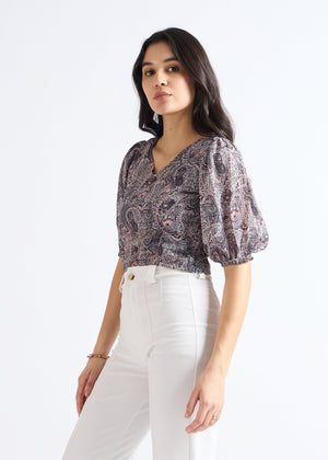 All Yours Lead Grey Ethnic Print Puff Sleeve Top Side