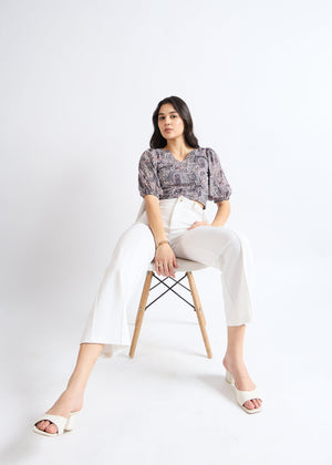 All Yours Lead Grey Ethnic Print Puff Sleeve Top Sitting