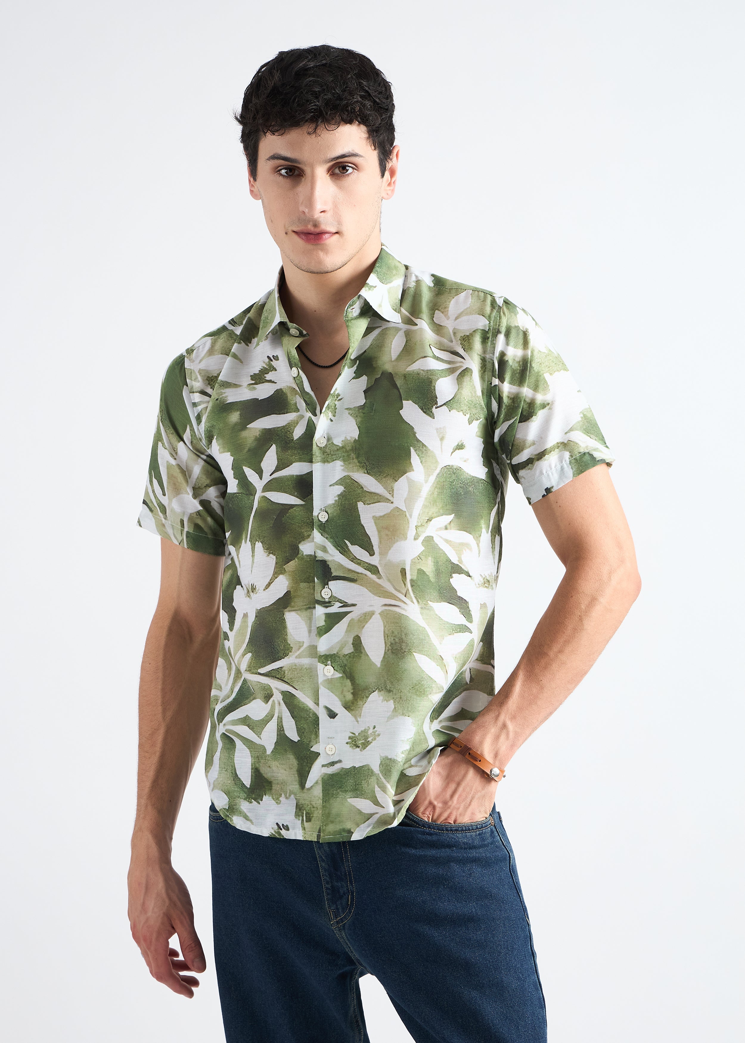 All Yours Leafy green Printed Linen Blend Shirt Front_1