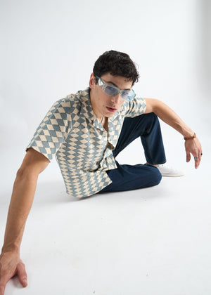 All Yours Light Blue Crochet Cuban Shirt Sitting