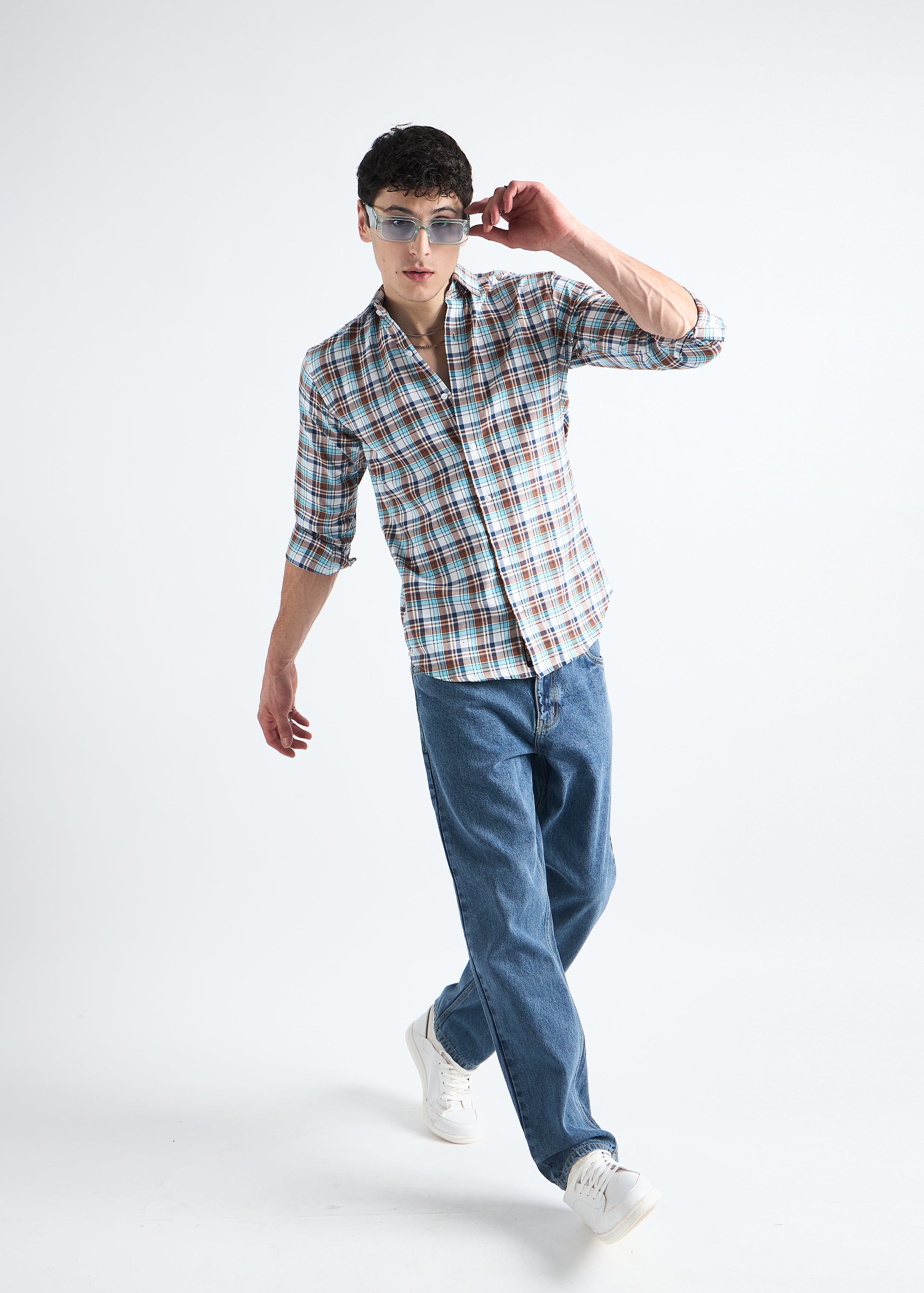 All Yours Light Blue Premium Cotton Check Shirt Front_2