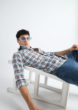 All Yours Light Blue Premium Cotton Check Shirt Sitting