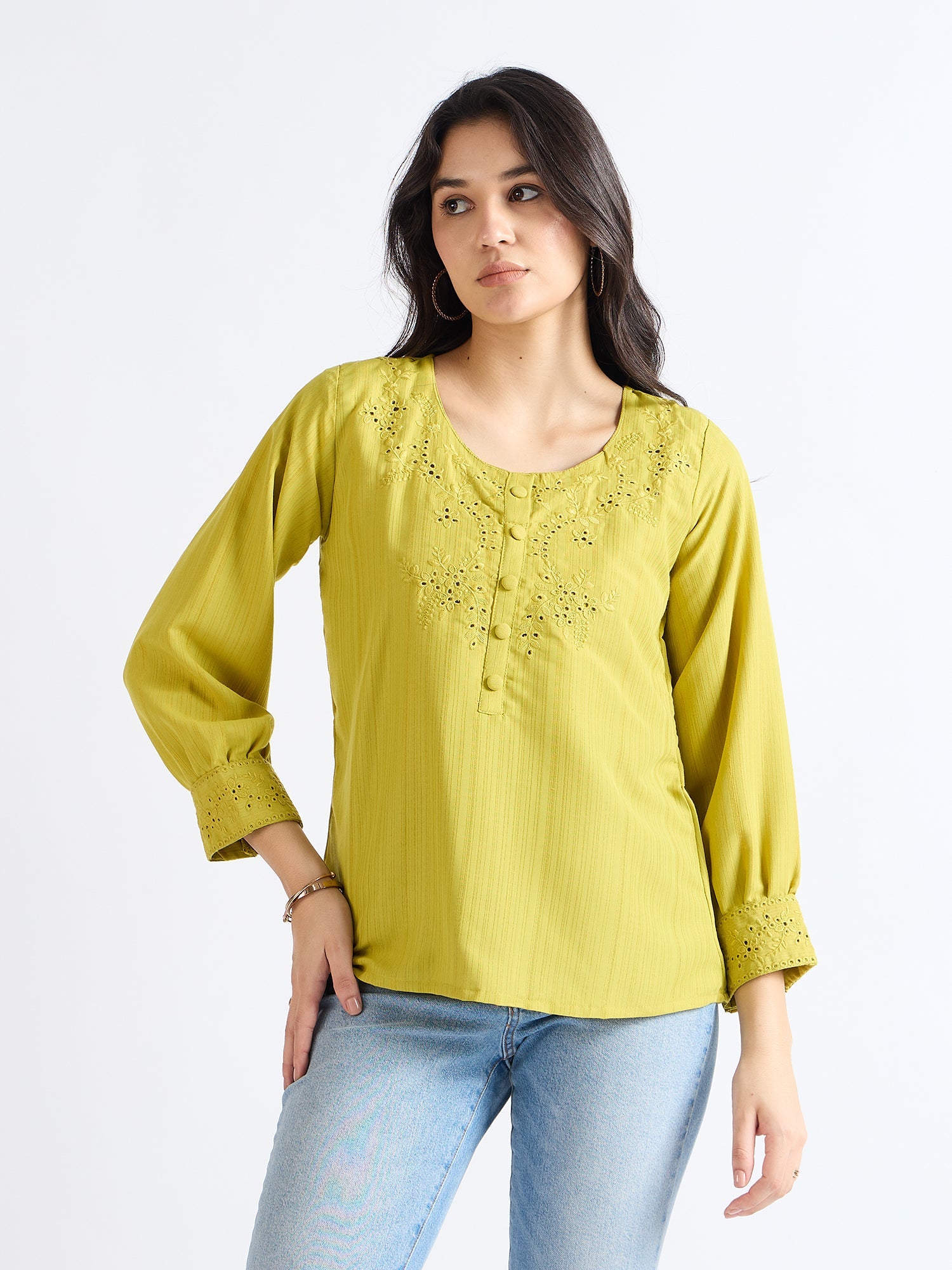 All Yours Lime Floral Embroidered Blouse Front_1