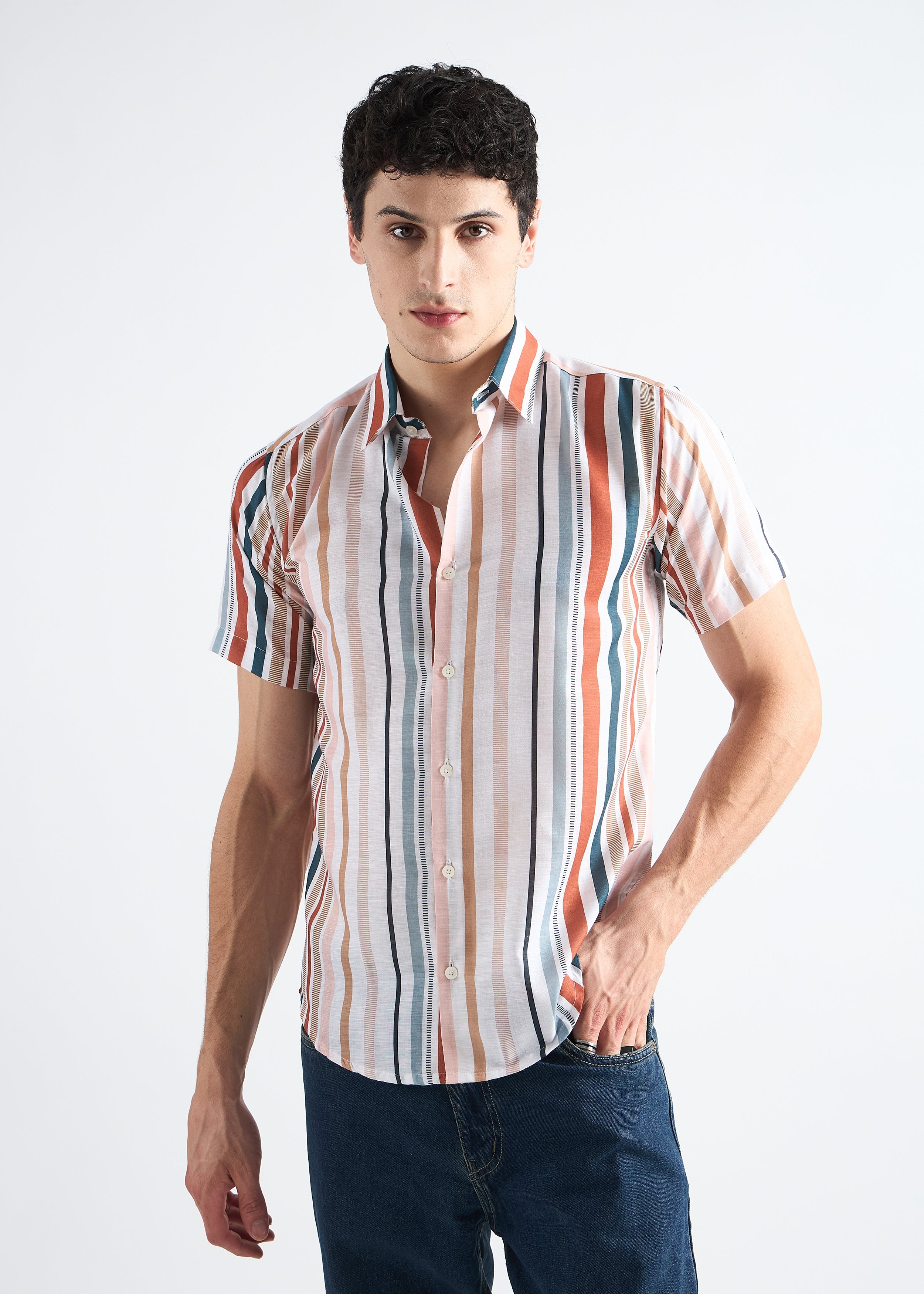 All Yours Multicolor Stripes Printed Linen Blend Shirt Front_1