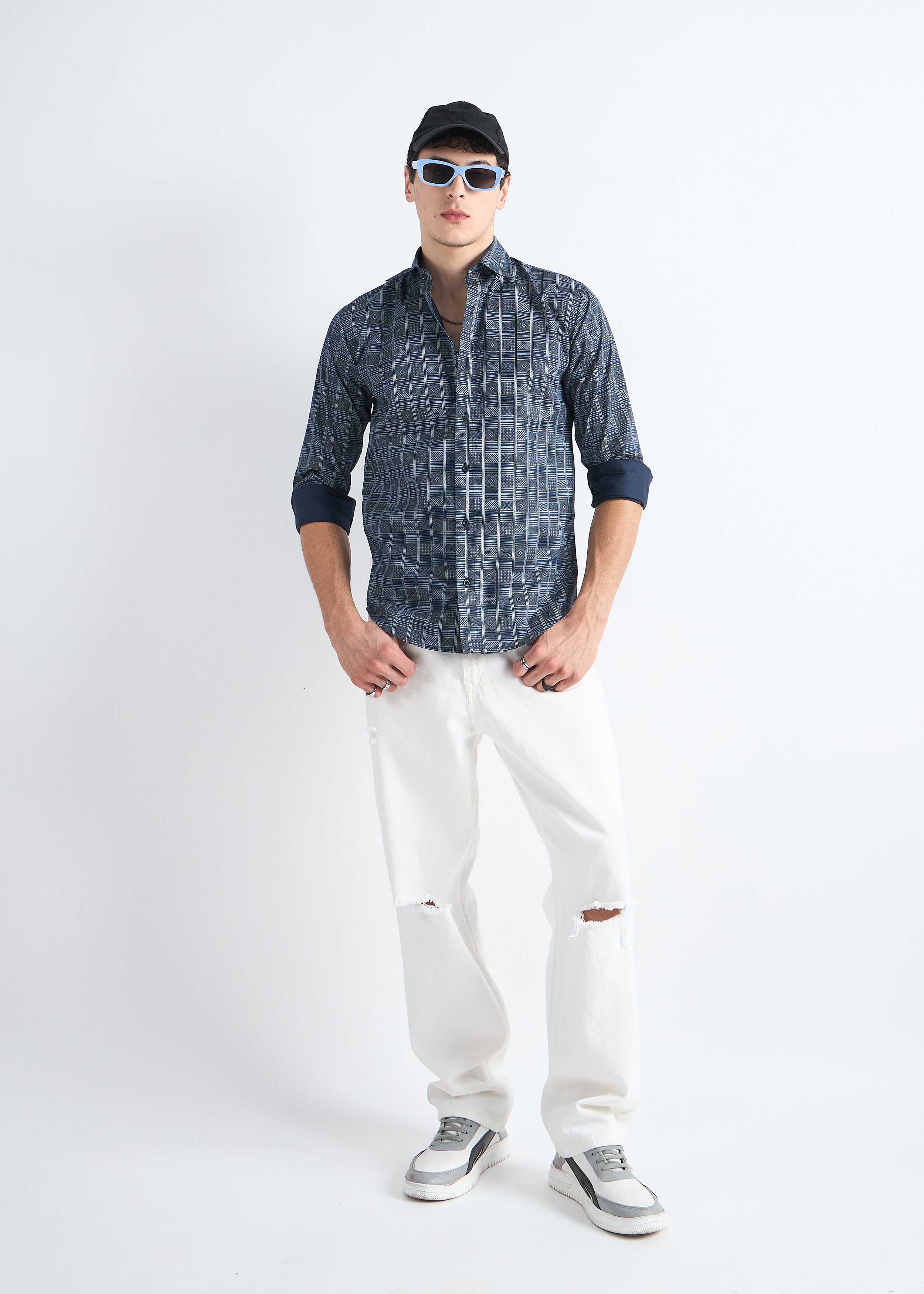 All Yours Navy Premium Printed Cotton Shirt Front_2