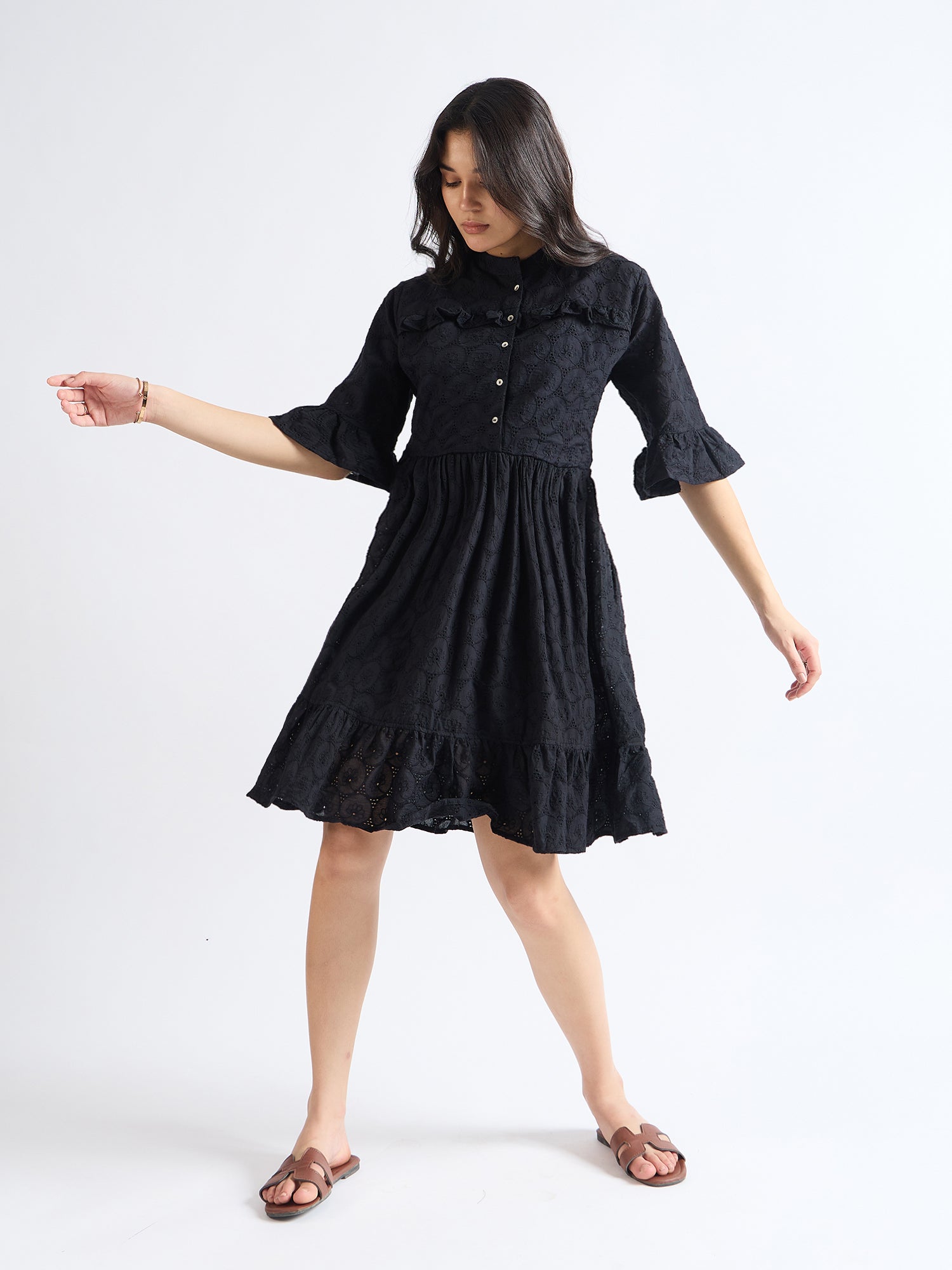 All Yours Night Black Cotton Mandarin Collar Dress Front_1
