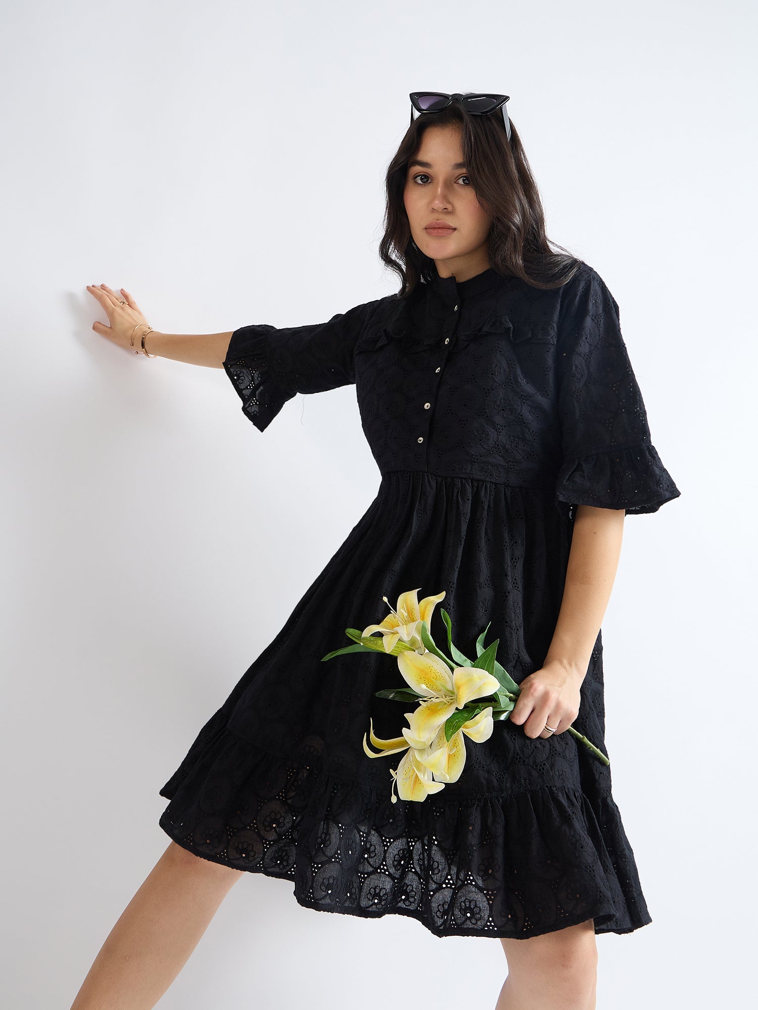 All Yours Night Black Cotton Mandarin Collar Dress Front_3