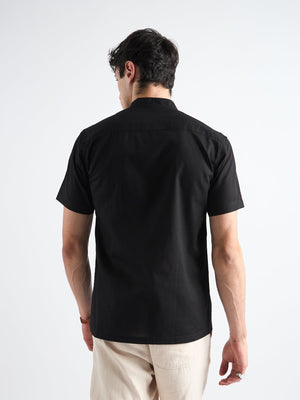All Yours Obsidian black Mandarin Collar Linen Shirt Back