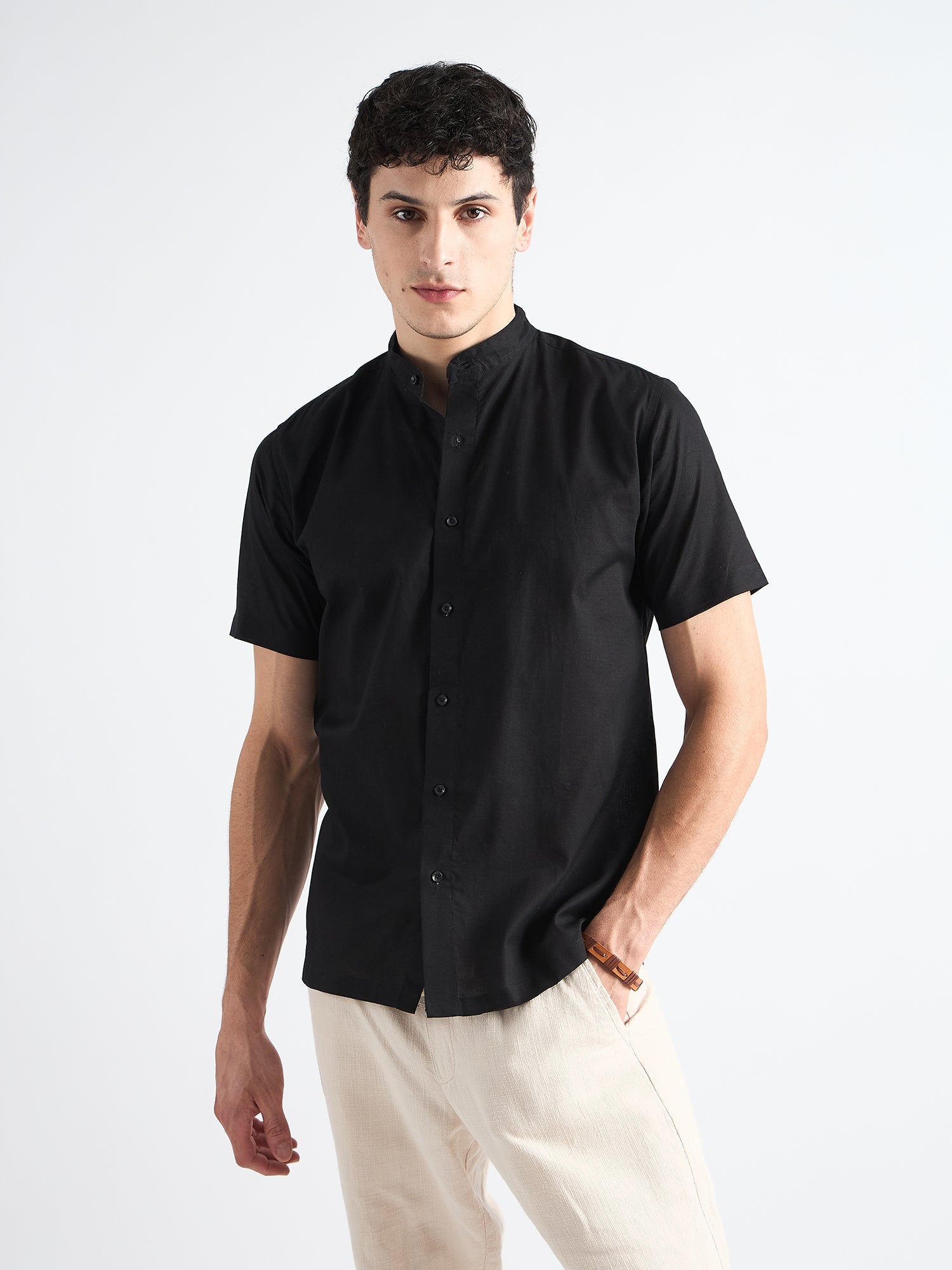 All Yours Obsidian black Mandarin Collar Linen Shirt Front_1