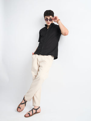 All Yours Obsidian black Mandarin Collar Linen Shirt Front_2