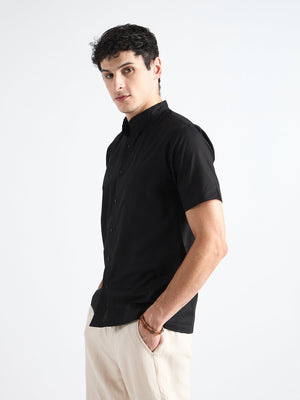 All Yours Obsidian black Mandarin Collar Linen Shirt Side