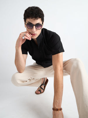 All Yours Obsidian black Mandarin Collar Linen Shirt Sitting
