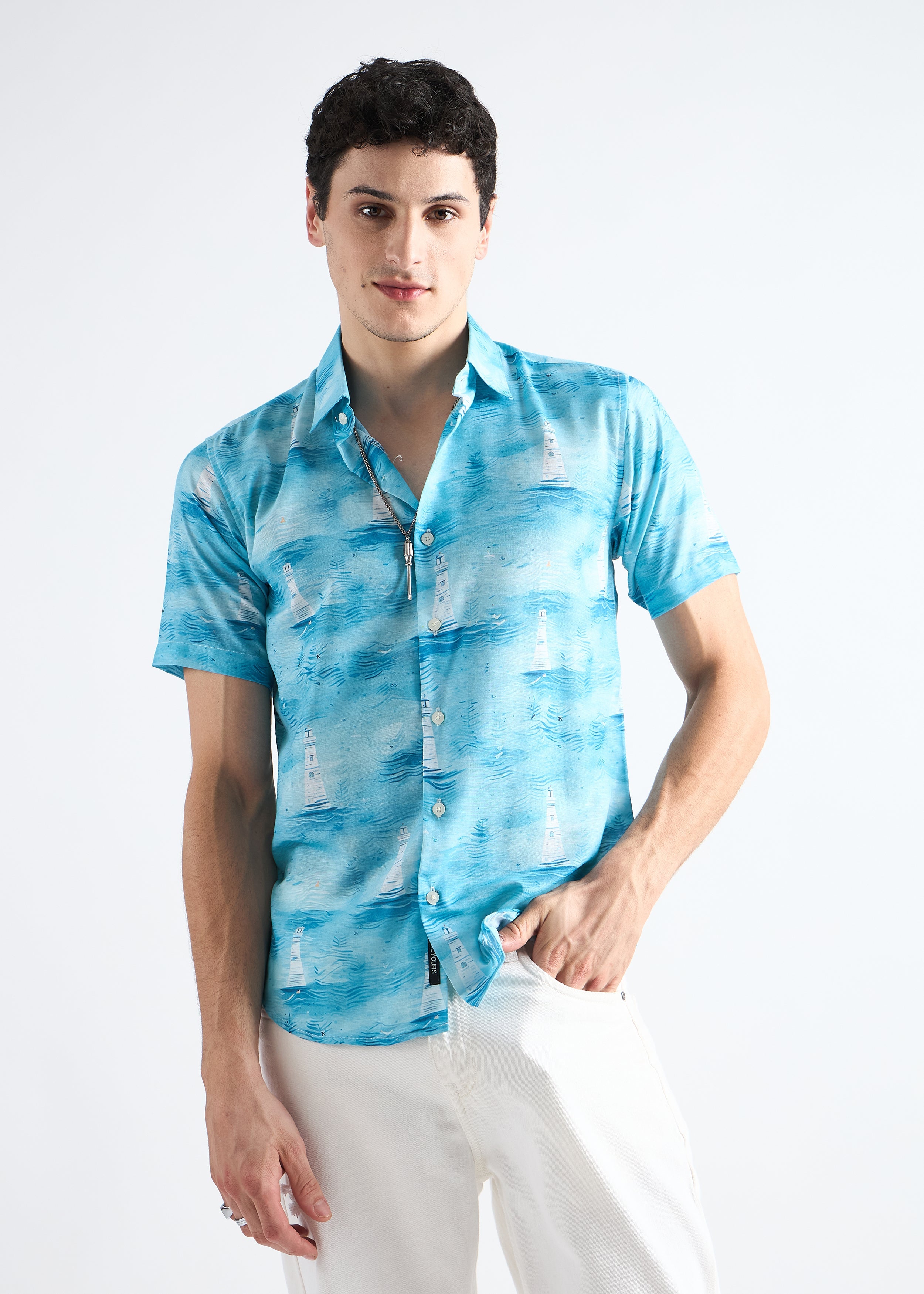 All Yours Ocean blue Nautical Linen Blend Shirt Front_1