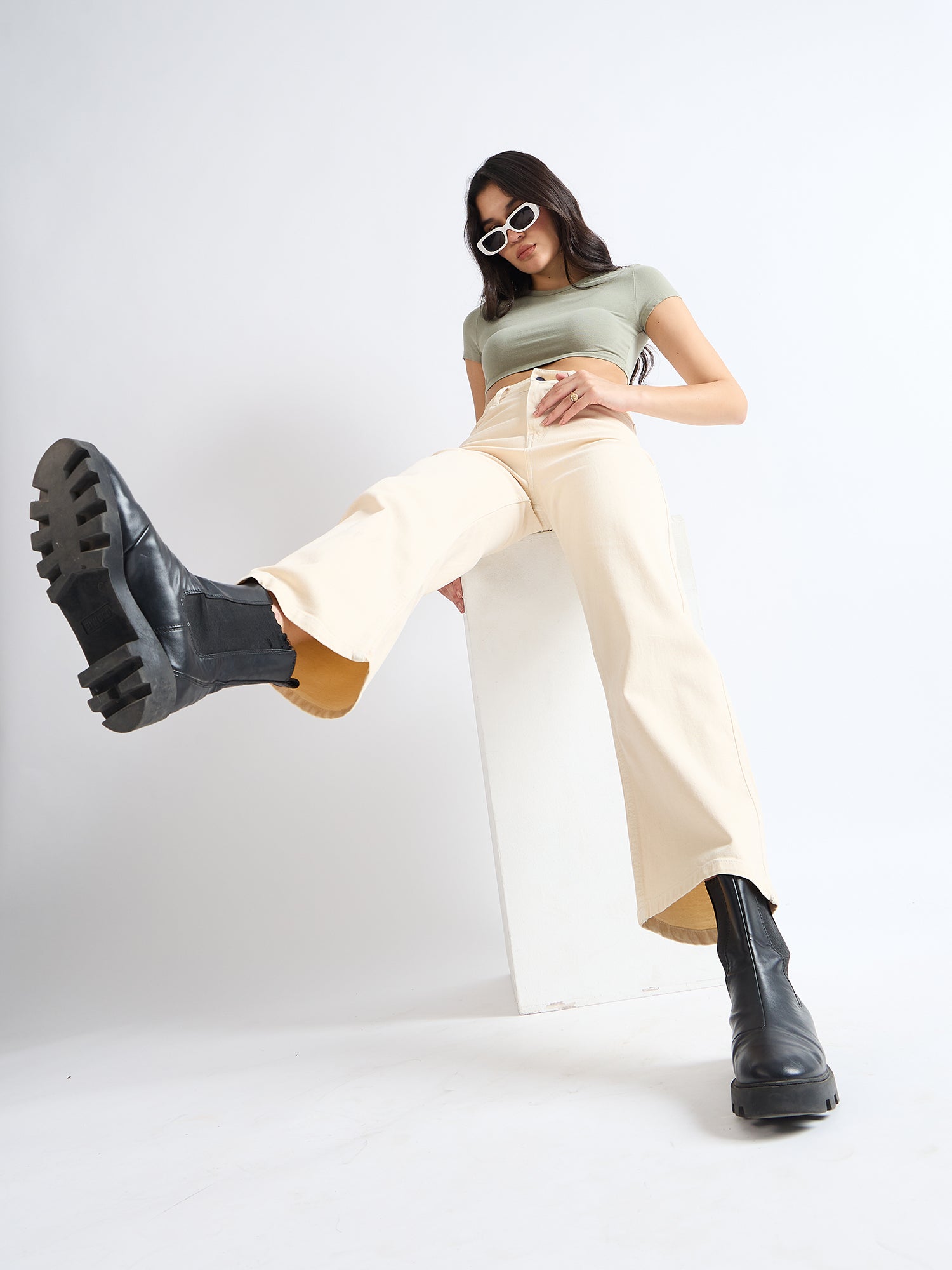 All Yours Off White Wide Leg Jeans Sitting