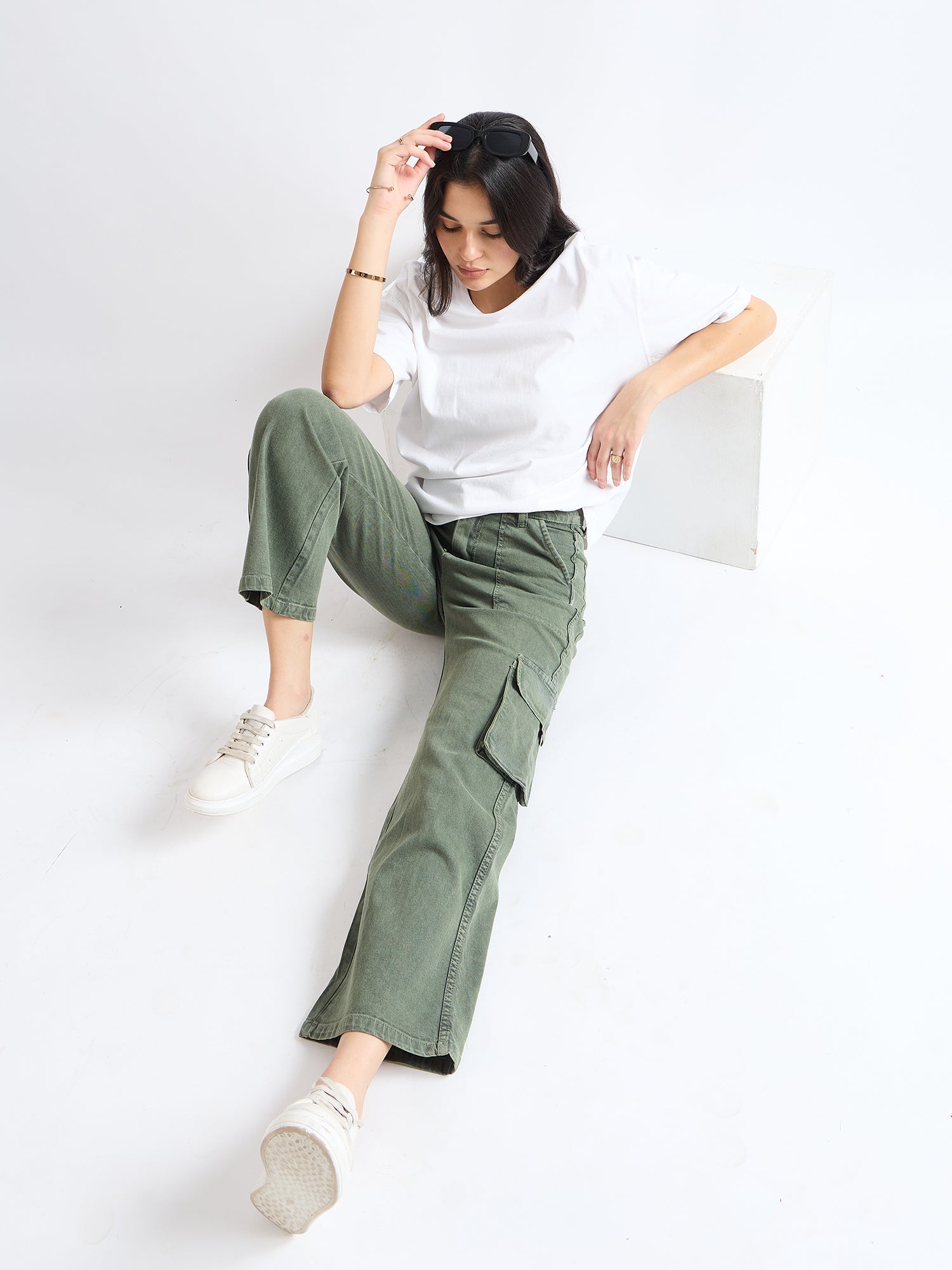 All Yours Olive Wide Leg Cargo Jeans Sitting
