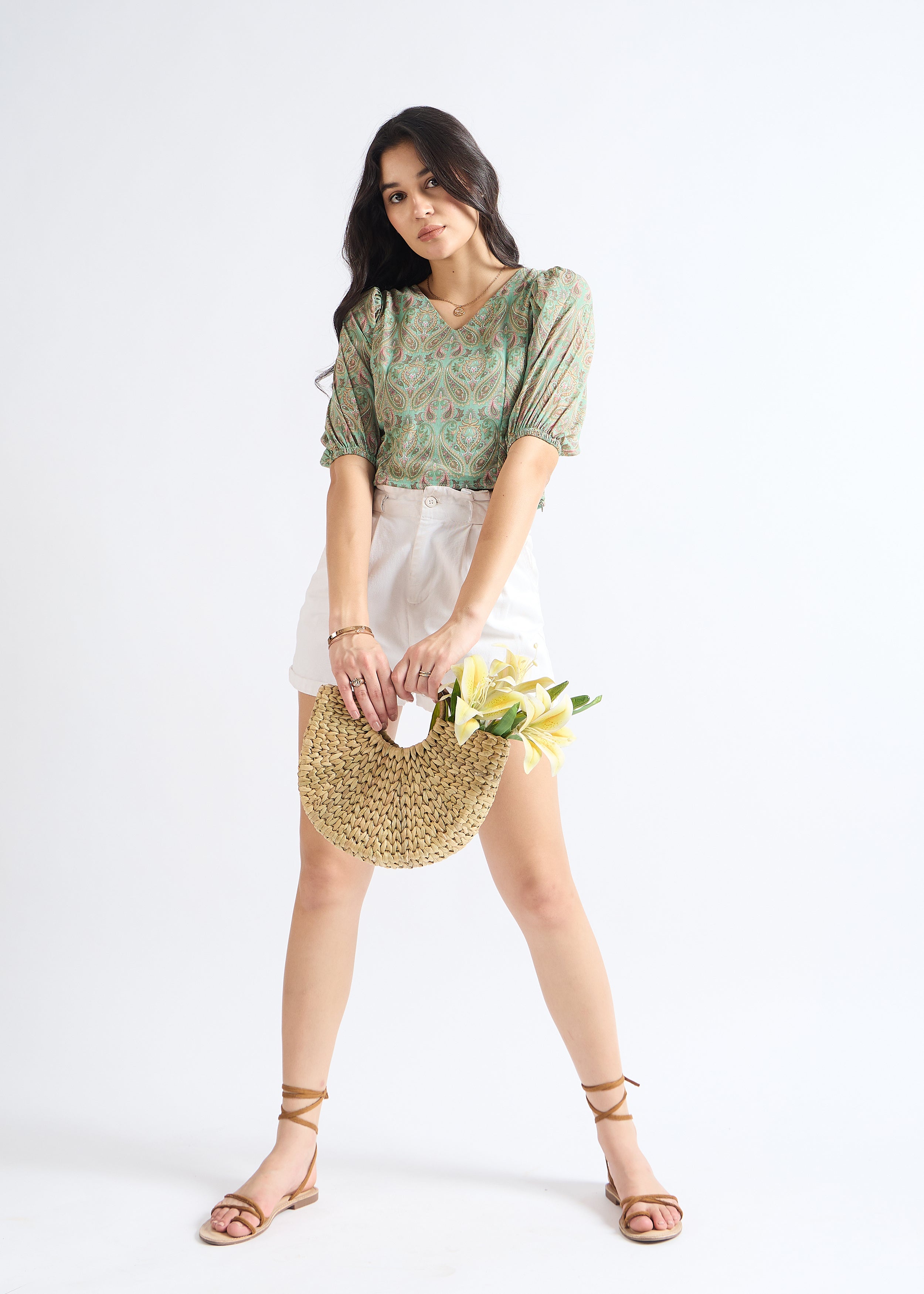 All Yours Pale Green Ethnic Puff Sleeve Top Front_2
