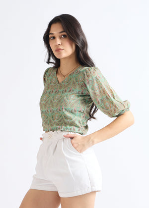 All Yours Pale Green Ethnic Puff Sleeve Top Side