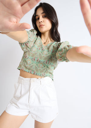 All Yours Pale Green Ethnic Puff Sleeve Top Zoom_1
