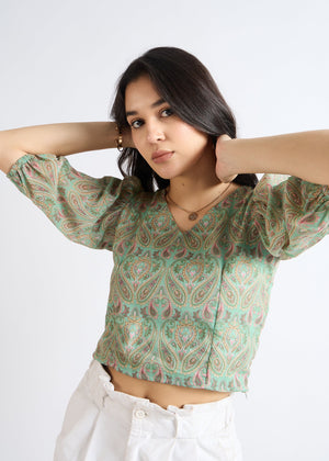 All Yours Pale Green Ethnic Puff Sleeve Top Zoom_2