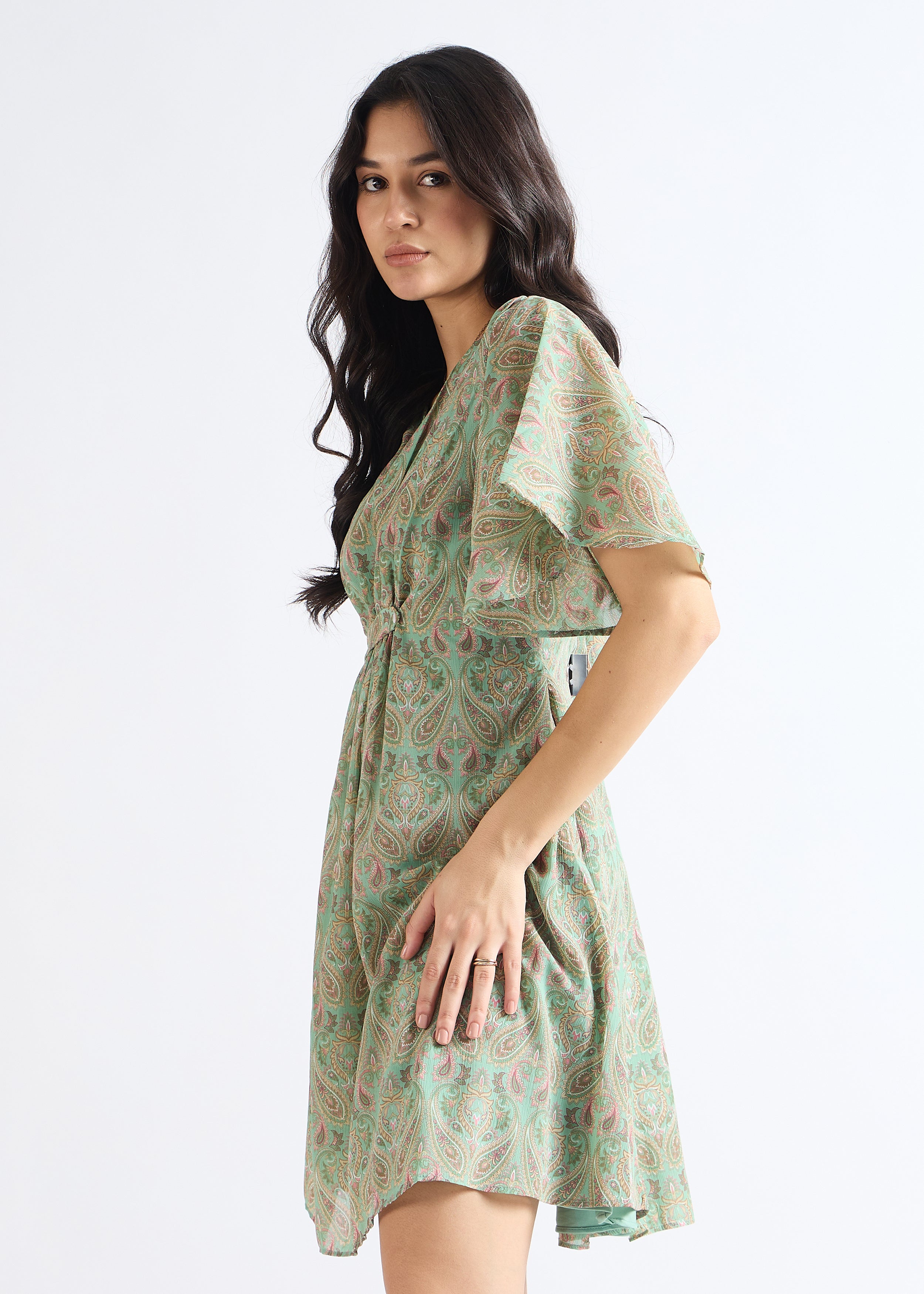 All Yours Pale Green Paisley Print Fit and Flare Dress Side