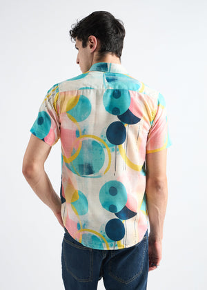 All Yours Peachy Aqua Haze Abstract Linen Blend Shirt Back