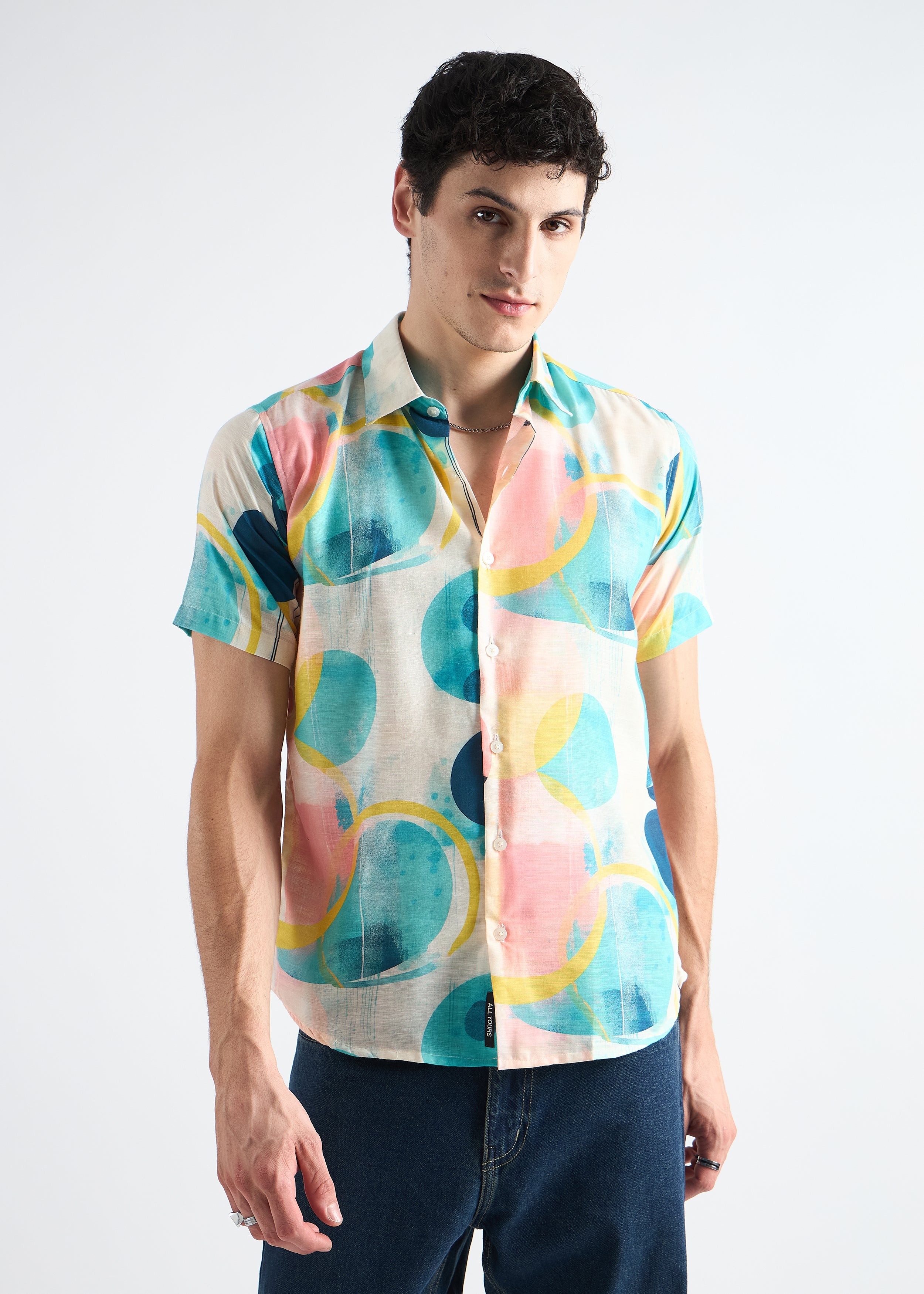 All Yours Peachy Aqua Haze Abstract Linen Blend Shirt Front_1