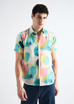 All Yours Peachy Aqua Haze Abstract Linen Blend Shirt Front_1