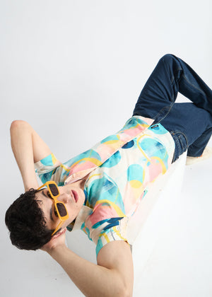 All Yours Peachy Aqua Haze Abstract Linen Blend Shirt Side