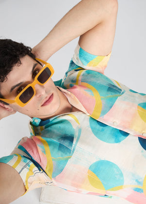 All Yours Peachy Aqua Haze Abstract Linen Blend Shirt Zoom