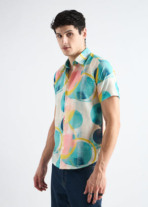 All Yours Peachy Aqua Haze Abstract Linen Blend Shirt ide