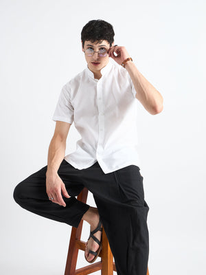 All Yours Pearl white Mandarin Collar Linen Shirt Sitting