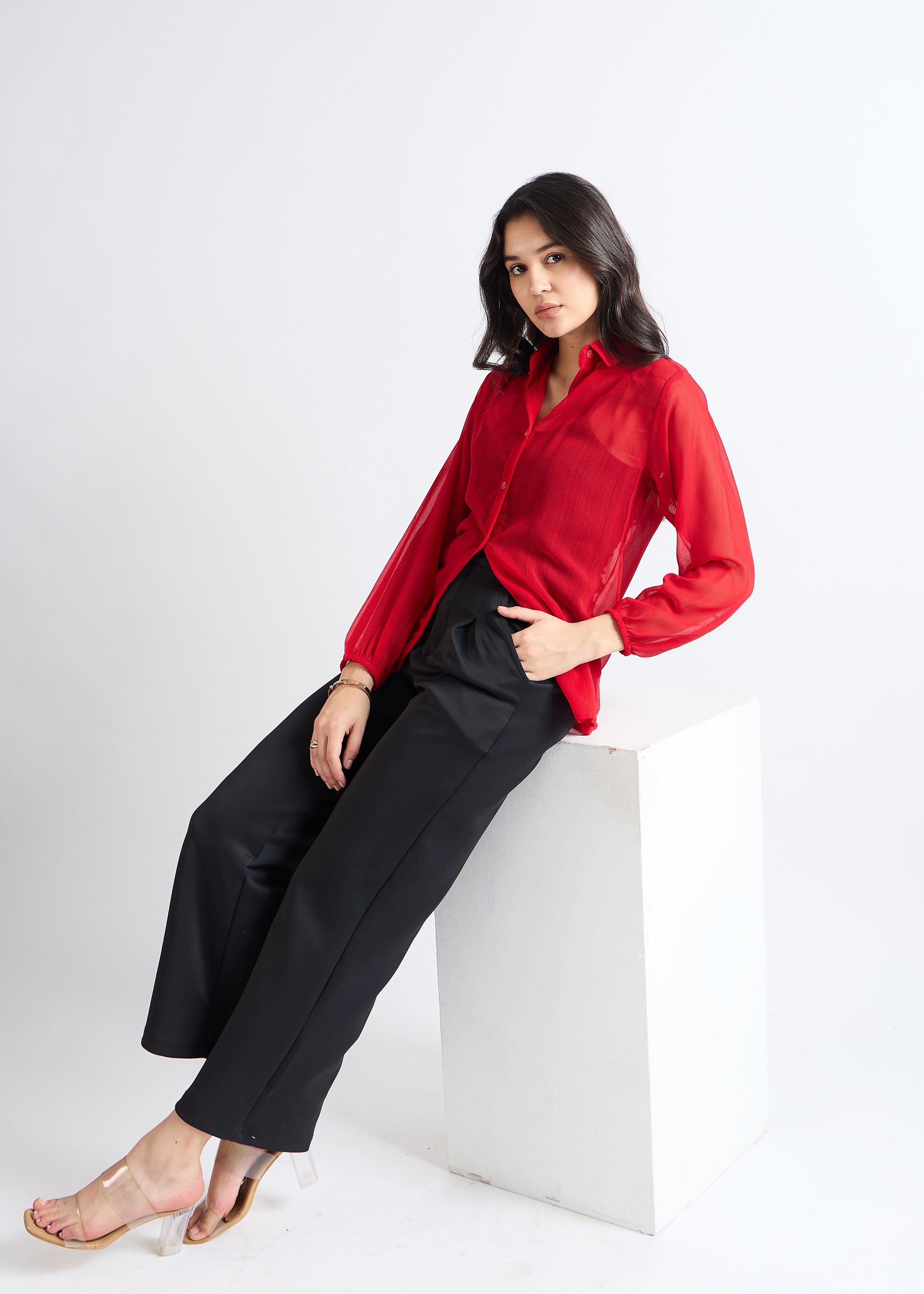All Yours Persian Red Sheer Georgette Blouse Sitting