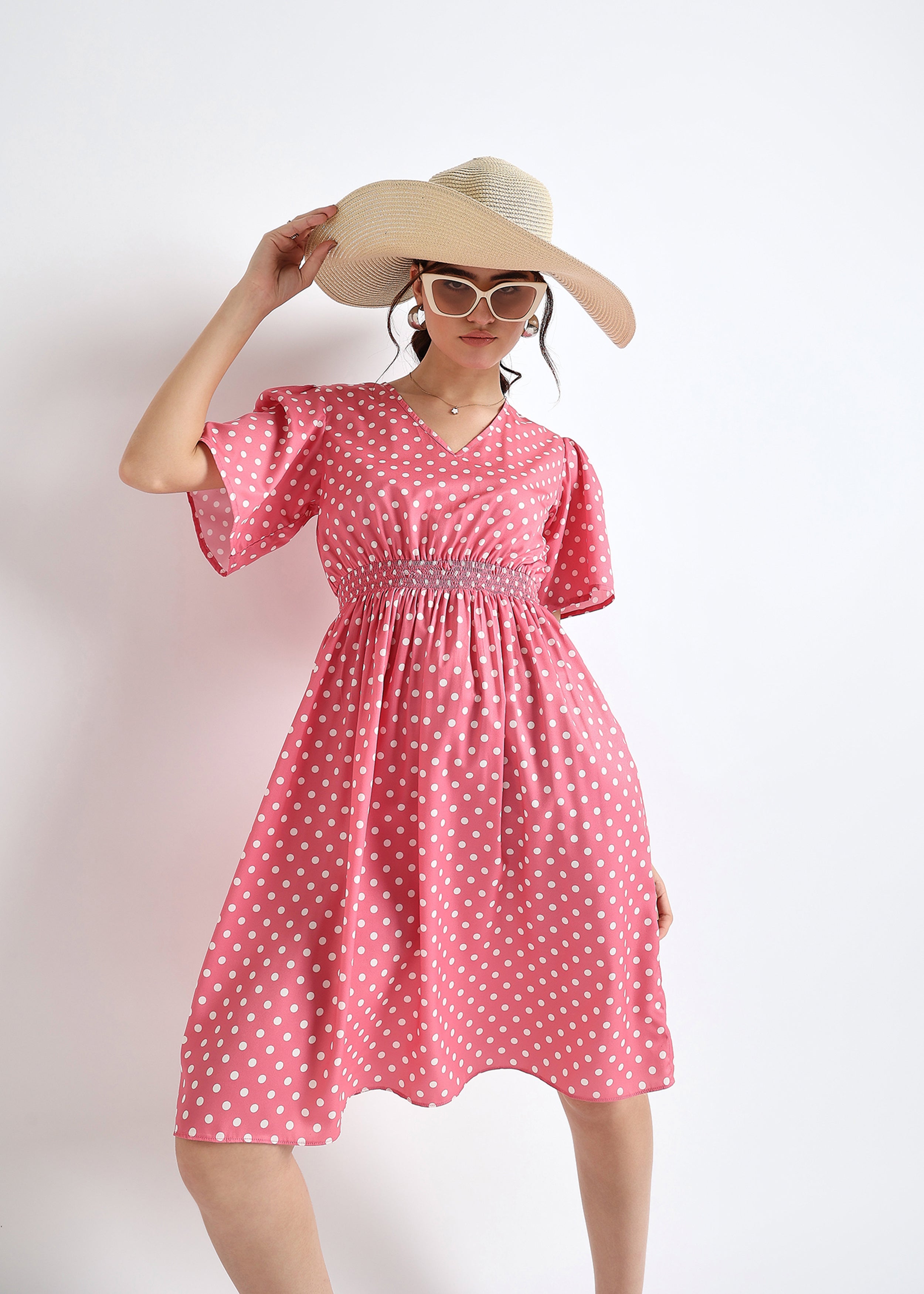 All Yours Pink Polka Dot Smocked Dress Front_2